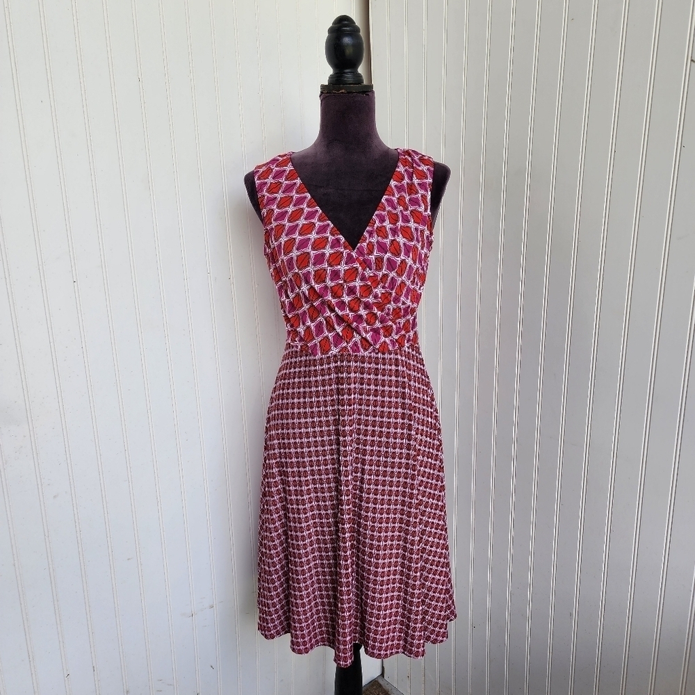 DM Collection Pink Purple Geo Print Faux V-Neck Wrap Dress Sleeveless Midi Sz 6